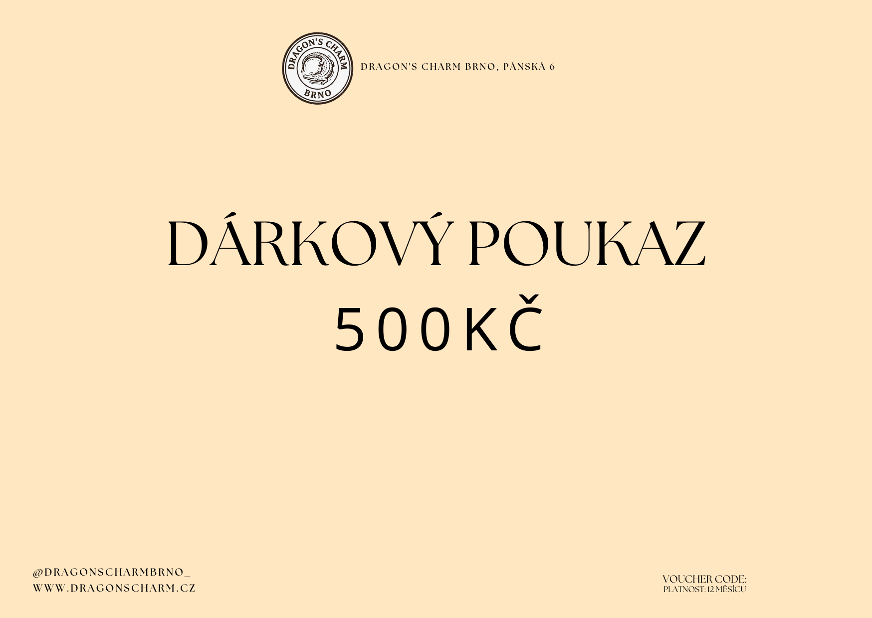 Dárkový poukaz do Dragon's Charm je ideální dárek pro každého, kdo miluje originální šperky a osobní styl. Obdarovaný si u nás může sestavit vlastní náramek, řetízek nebo jiný doplněk a vybrat si charms přesně podle sebe.  Poukaz je možné využít přímo v našem charm baru na adrese Pánská 6 v Brně. Platnost poukazu je 12 měsíců od zakoupení.