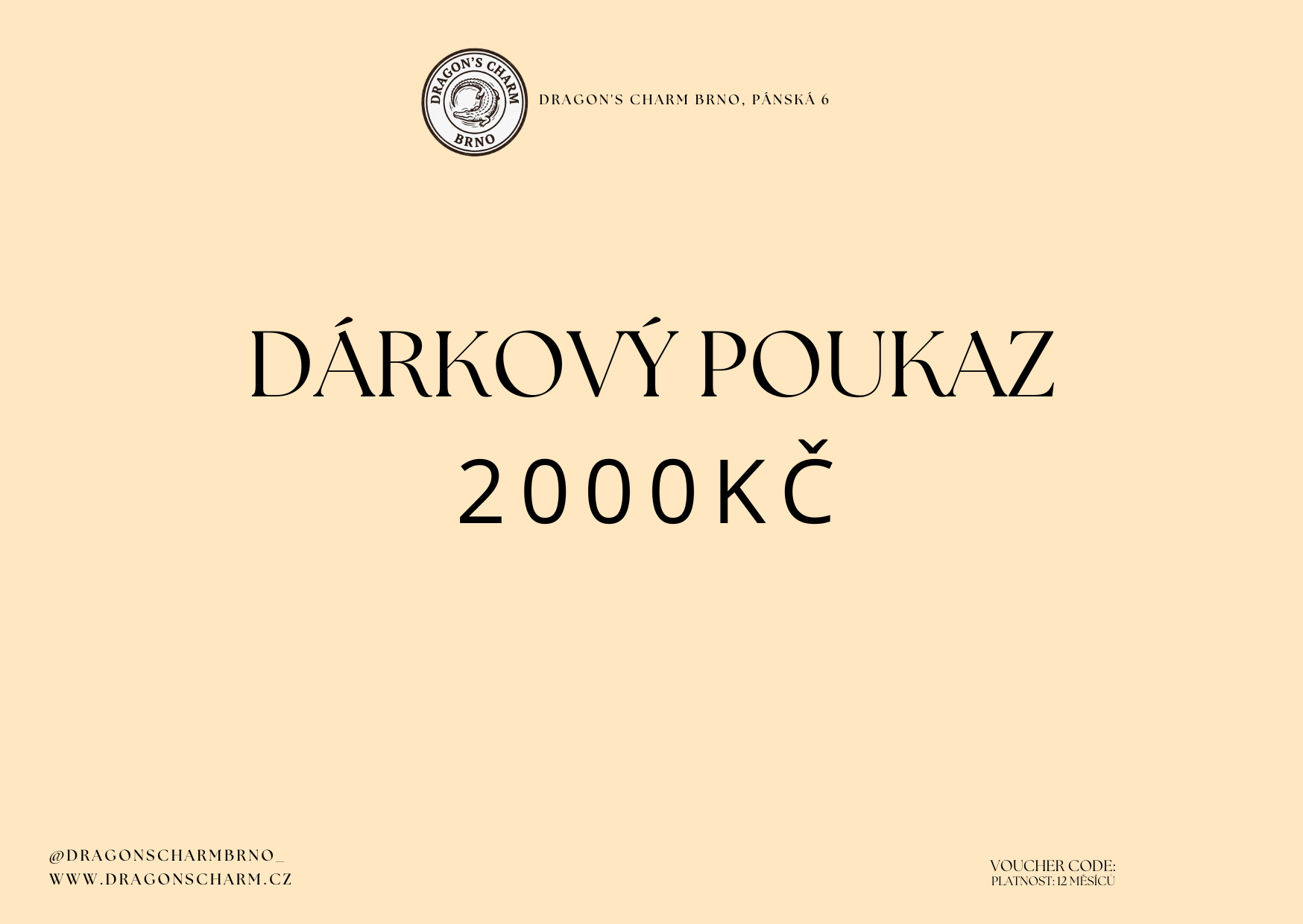 Dárkový poukaz do Dragon's Charm je ideální dárek pro každého, kdo miluje originální šperky a osobní styl. Obdarovaný si u nás může sestavit vlastní náramek, řetízek nebo jiný doplněk a vybrat si charms přesně podle sebe.  Poukaz je možné využít přímo v našem charm baru na adrese Pánská 6 v Brně. Platnost poukazu je 12 měsíců od zakoupení.